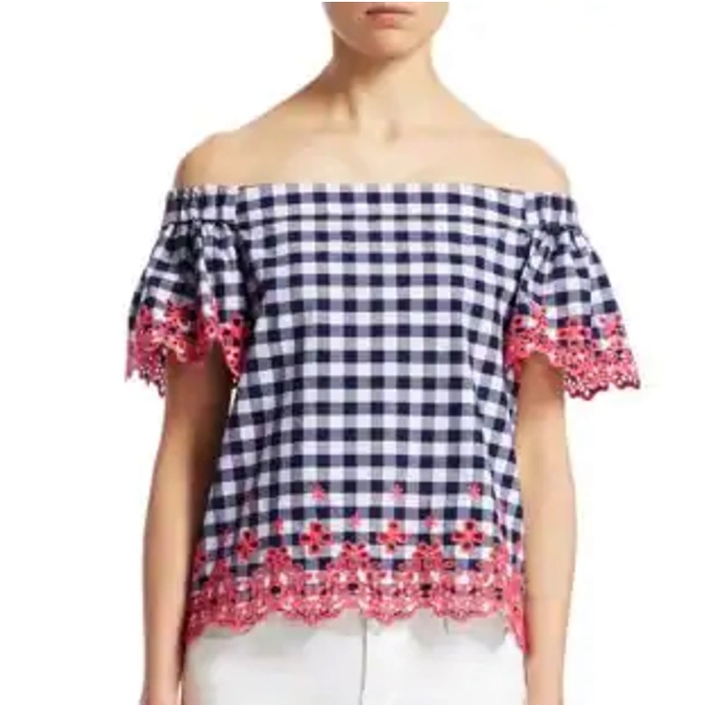 Draper James Dolly Eyelet Trimmed Gingham Off the Shoulder Top